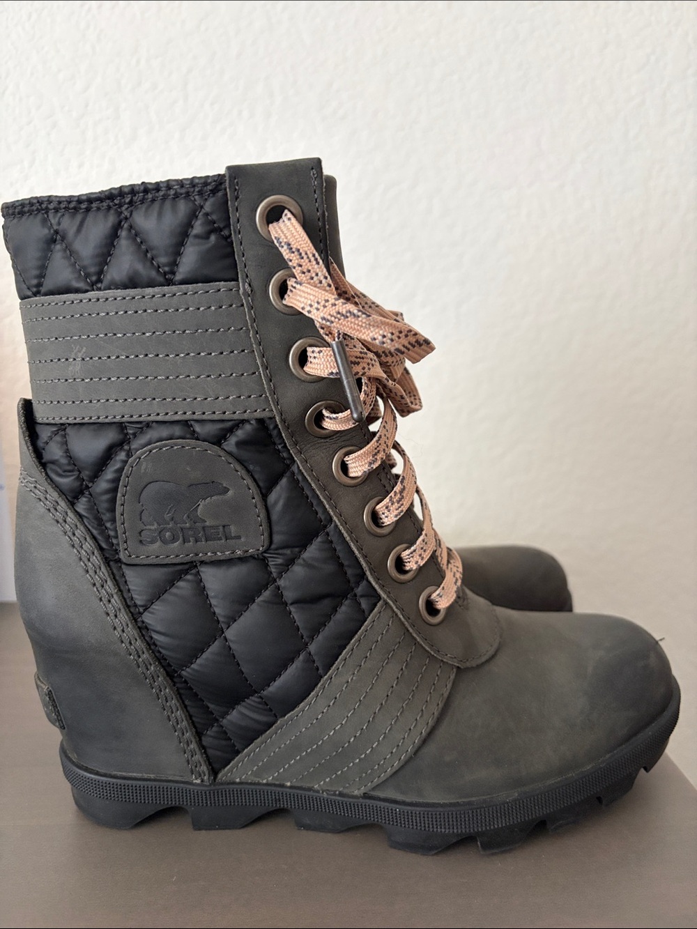 Sorel Quilted Lace-Up Ankle Boots in Olive with Pink Laces